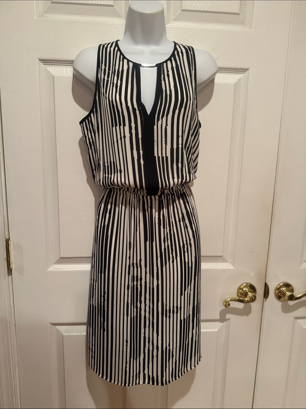 White House Black Market Black & White Vertical Stripe Keyhole Dress